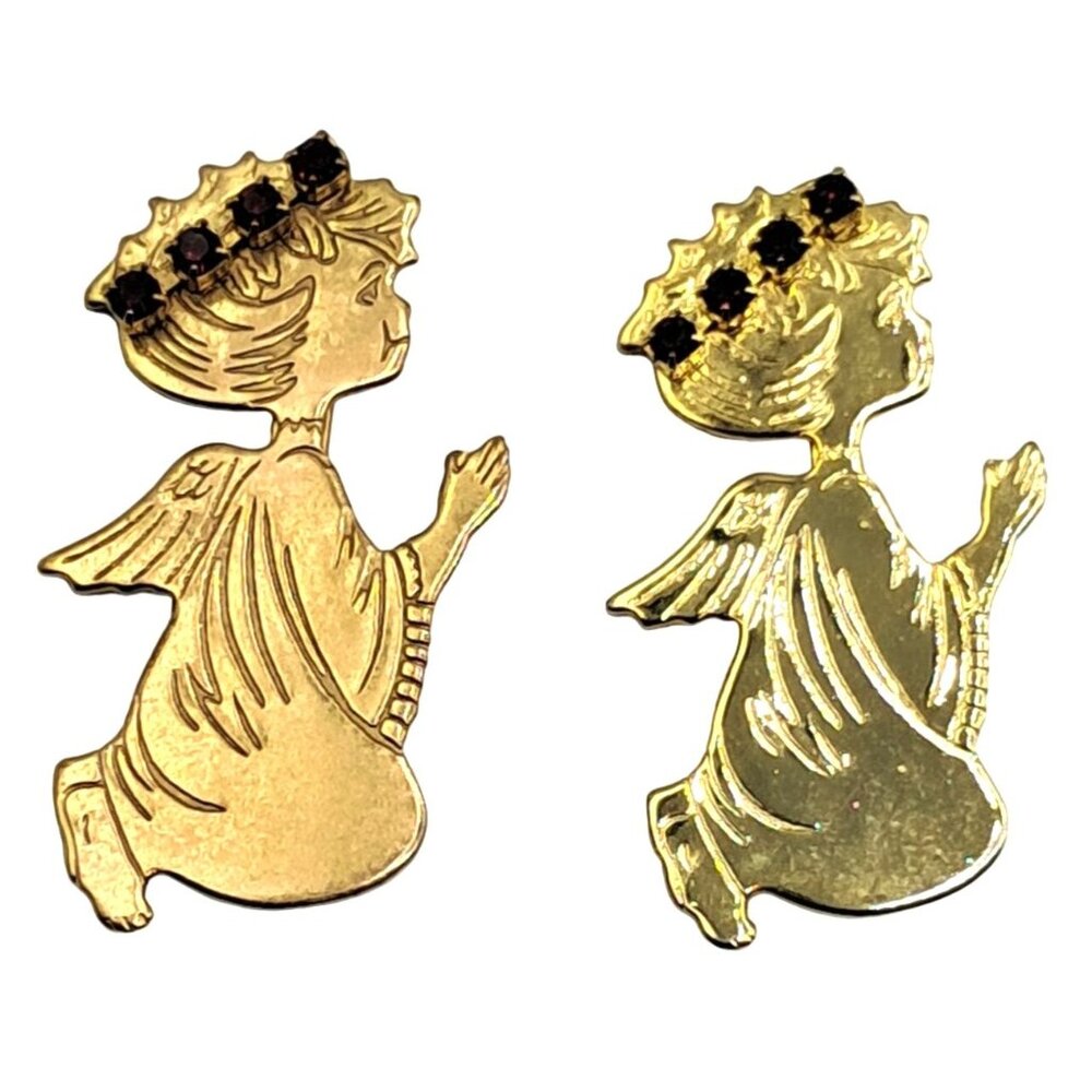 Vintage Angel Brooch Lot of 2‎ Red Rhinestones Kneeling Praying Gold Tone Pins